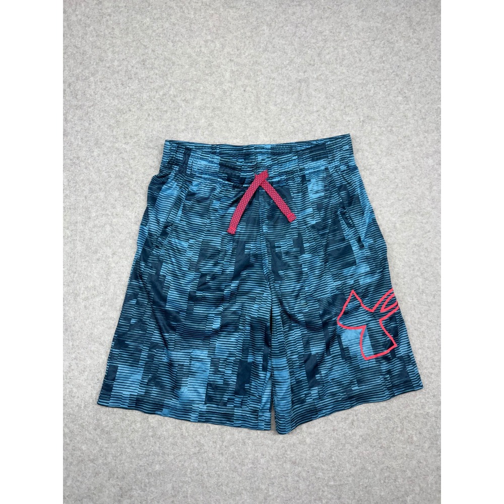 Under Armour Youth Athletic Shorts Blue Camo Pink Logo HeatGear Size YSM